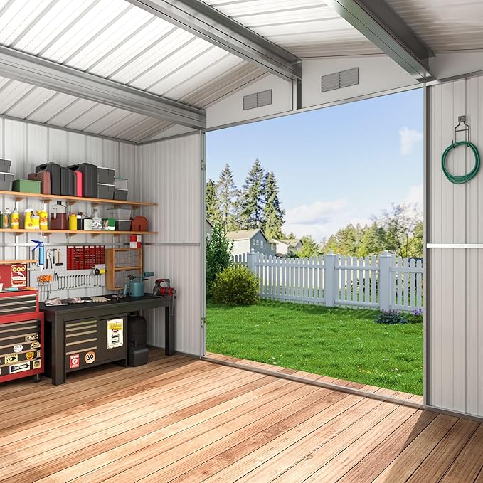 10x8 FT Outdoor Storage Shed, Metal Garden Tool Shed with Updated Frame Structure and Lockable Doors, Ideal for Backyard Garden Patio Lawn, Grey