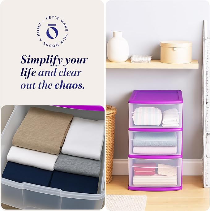 HOMZ 2-Pack Drawer Tower, 3-Tier Clear Plastic Storage Organizer Cart, Purple Frame - Organizing Containers with Wheels for Home, Bathroom, Bedroom, Office, and Classroom