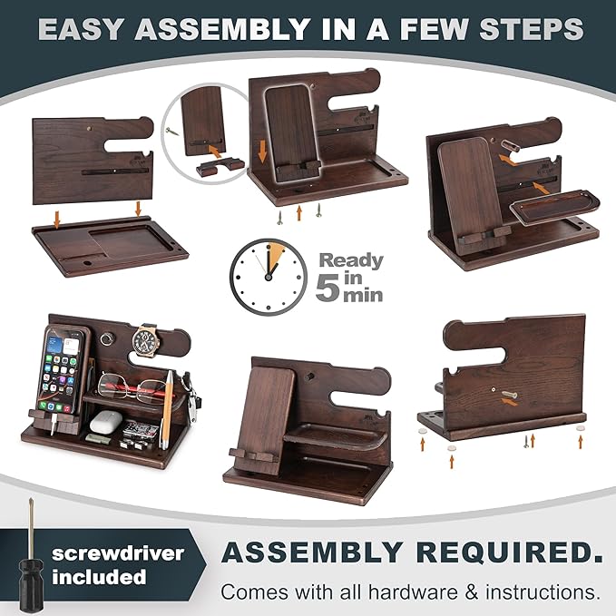 TESLYAR Wood Phone Docking Station for Men - Desk or Nightstand Organizer - Birthday Gifts for Husband, Dad - Anniversary Idea from Wife - Key Holder, Stand Wallet, Watch & Essentials (Wenge)