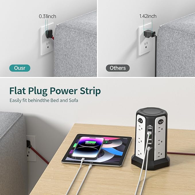 10FT Extension Cord with Multiple Outlets|PASSUS Surge Protector Power Strip with USB C(PD18W) Port|Flat Plug Braided Cord|Tower Outlets with USB Ports,Overload Protection for Home Office DormRoom