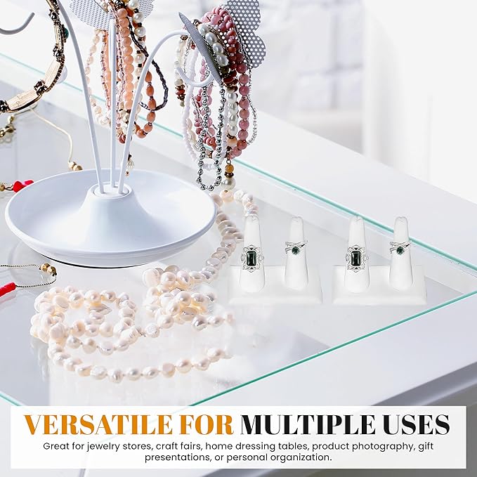 Novel Box 2 Pack White Leatherette Jewelry Double Ring Finger Display Stand 3 5/8 L x 2 1/8 D x2 1/4 H Inches with Square Base - Ring Holder Stand for Selling or Personal Use - Display Stand for Rings