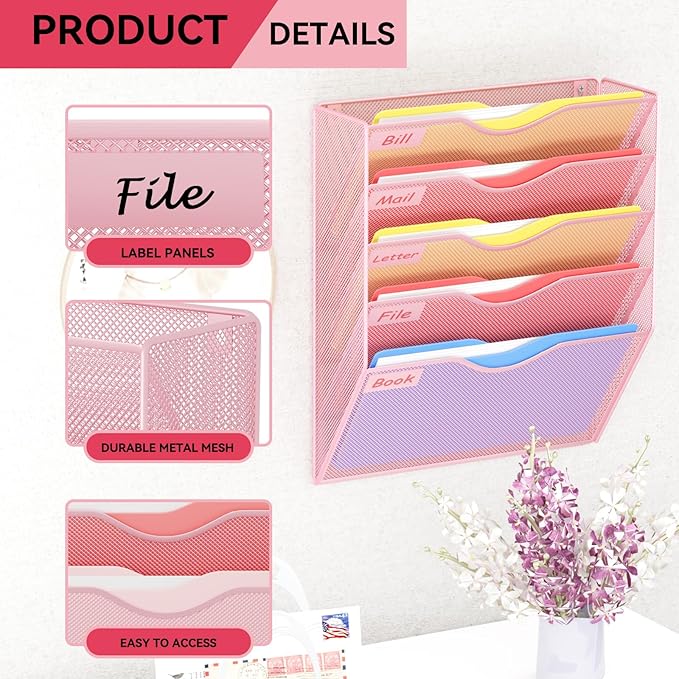 5 Pockets Hanging Wall File Organizer Mail Holder, Wall Mounted Paper Document Folder Holder, Clipboard Storage Organization Magazine Rack, Pink