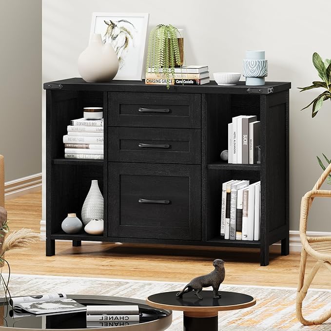 3 Drawer File Cabinet, Farmhouse Lateral Filing Cabinet Fits Files Letter or A4 Size, Wooden Printer Stand with Open Storage Adjustable Shelf for Home Office, Black
