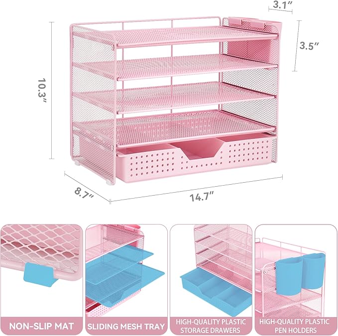 Desk Organizers and Accessories, 5-Tier Paper Letter Tray Organizer with Drawer & 2 Pen Holders, Desktop Organizer for Office Supplies (Pink)