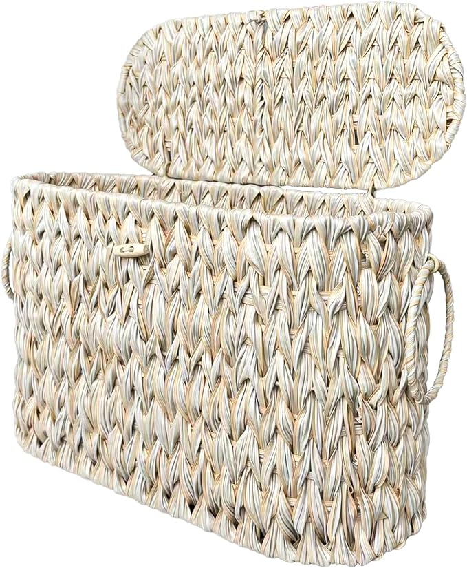 Toilet Paper Basket,Wicker Toilet Paper Storage with Lid,Decorative Boho Wicker Basket for Bathroom,Free Standing-Cream White
