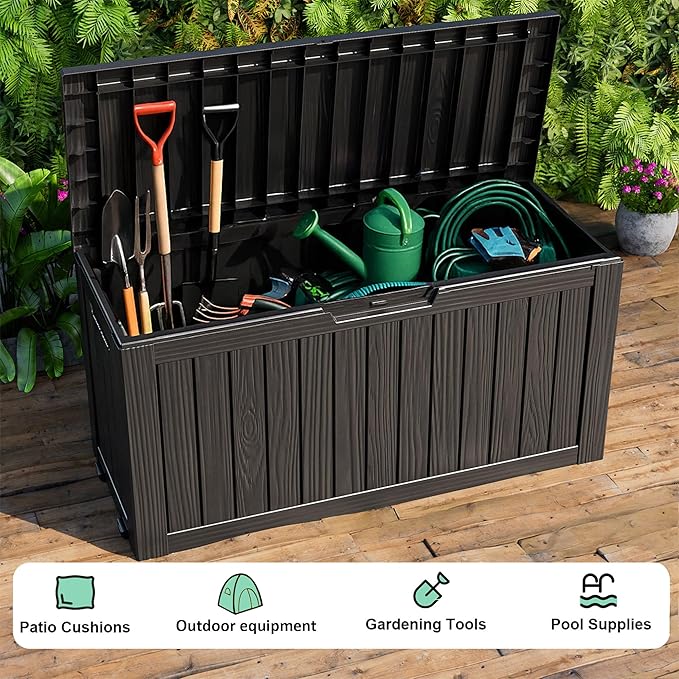 75 Gallon Outdoor Deck Box,Waterproof Resin Outdoor Storage Boxes, Outside Storage Lockable Container for Garden Tools,Indooor Cushions,Accessories (Black)