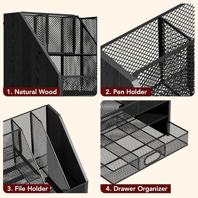 Wooden Desk Organizer - Mesh File Organizer with Drawers and Pen Holder - 4-Tier Vertical Paper Letter Storage Tray, Desktop Organizers and Accessories for Home Office (Black