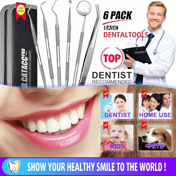 G.CATACC Dental Tools, Dental Pick Teeth Cleaning Tools Hygiene Kit, Plaque Remover for Teeth, Professional Stainless Steel Tooth Scraper Plaque Tartar Cleaner - with Case