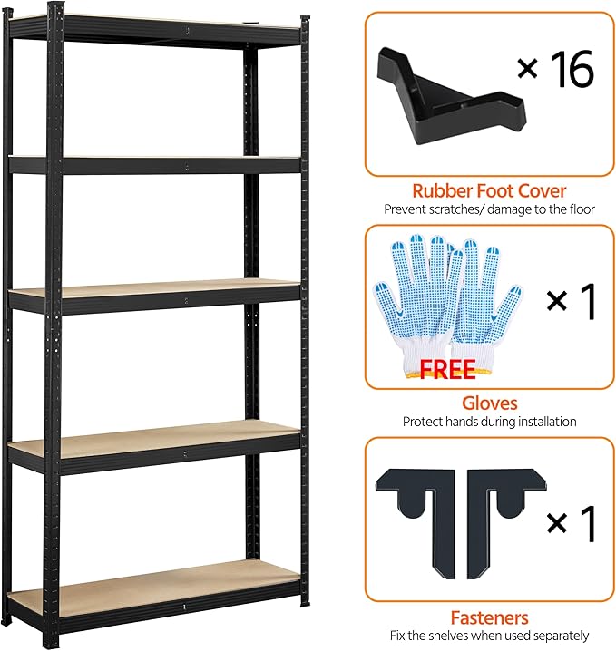 Topeakmart 5-Tier Utility Shelves, Metal Storage Shelves Garage Shelving Unit Adjustable Garage Storage Shelves Storage Racks Heavy Duty Shed Shelving- Black, 35.5 x 12 x 71 Inch