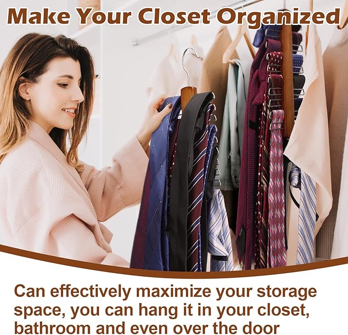 4 Pieces Tie Hanger for Men Wooden Necktie and Belt Hanger Wooden Tie Rack Holder Walnut Center Organizer and Storage Rack Finish 20 Hooks Space Saving Organizer for Closet(Archaize Color)