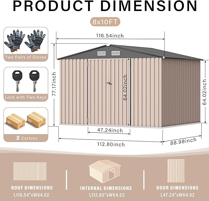 8x10 FT Metal Outdoor Storage Shed with Sloped Roof & Lockable Door, Large Garden Tool Shed for Backyard Patio Lawn, Weatherproof Utility Shed with Air Vents, Dark Brown