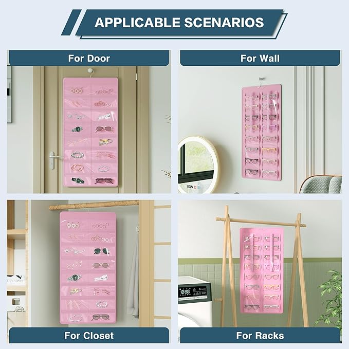 Hanging Sunglasses Organizer and Storage, Dual-Sided Sunglasses Case and Jewelry Holder, Wall-Mounted, 32 Clear Slots, Dust-Proof, Roof Design for Travel, Pink