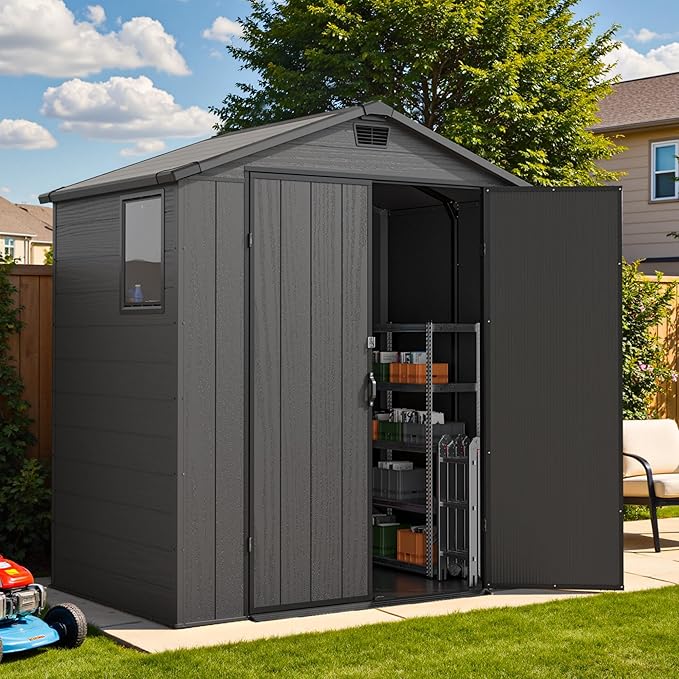 Devoko 6x4 FT Resin Storage Shed with Floor, Outdoor Plastic Garden Shed with Window, Waterproof Tool Storage Shed with Lockable Door for Patio, Garden, Backyard, Dark Gray