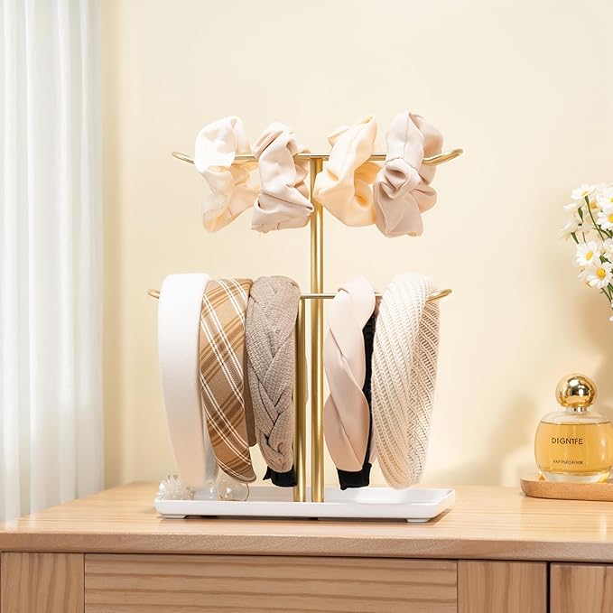 Headband Holder Organizer for Hair Accessories: Headband Storage Vanity Hair Clip Organizer, Two-Tier Stand with Storage Tray for Girls Women, Jewelry Necklace Rack for Vanity, Bathroom, Gold