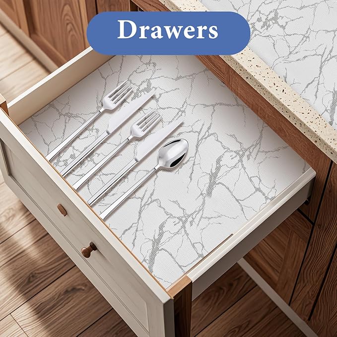 Drawer and Shelf Liner for Kitchen Cabinet: 23.6 in X 20 Ft Non Slip Waterproof Shelf Paper Non Adhesive Refrigerator Liners Silver Marble Easy Liners for Bathroom with Knife Tape Measure