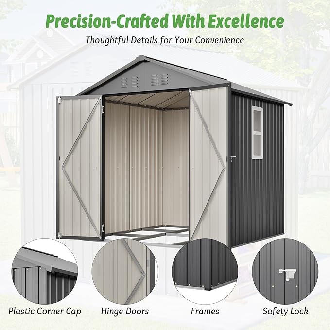 6x6 FT Outdoor Storage Shed with Lockable Doors & Sloping Roof & Clear Window & Floor Frame, Galvanized Steel Metal Garden Tool Shed for Backyard, Patio, Poolside