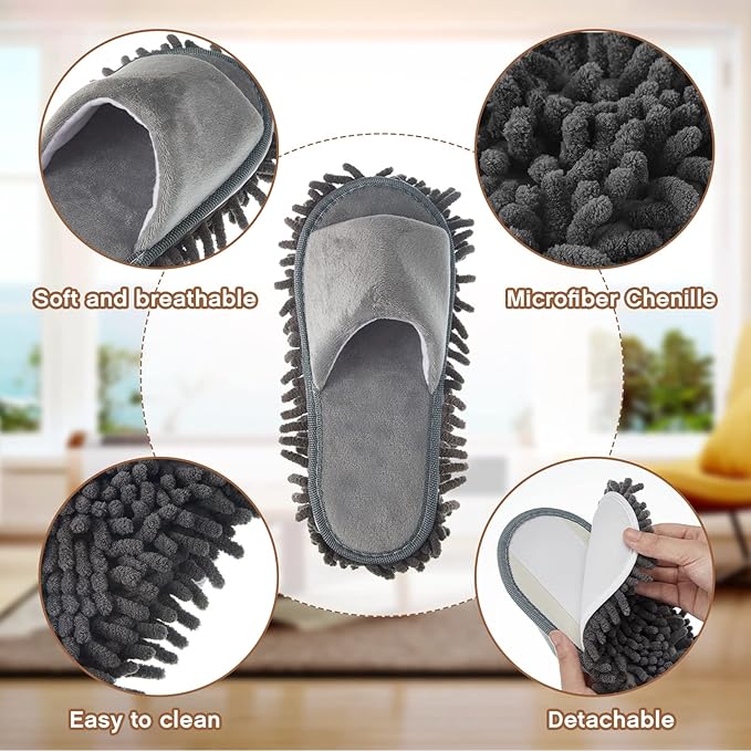 Jecery 4-Pair Washable Microfiber Mop Slippers - Detachable Dusting Shoes for Floor Cleaning, Office & Home Use - Suitable for Women & Men (Black, Beige, Pink, Gray,M Size)