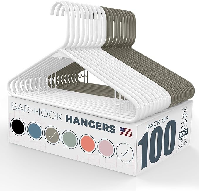 Neaties Plastic Hangers 100 Pack – Made in The USA – 6lb Capacity Standard Clothes Hangers with Strap Hooks for Dresses, Lingerie, Shirts, Pants, and Jackets – White & Gray