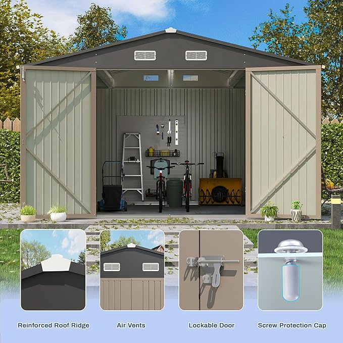 Patiowell 10x8 FT Storage Shed, Outdoor Metal Sheds with Lockable Door and Sloping Roof, Waterproof Outside Large Garden Tool Shed with Breathable Vents for Patio Lawn Backyard, Brown