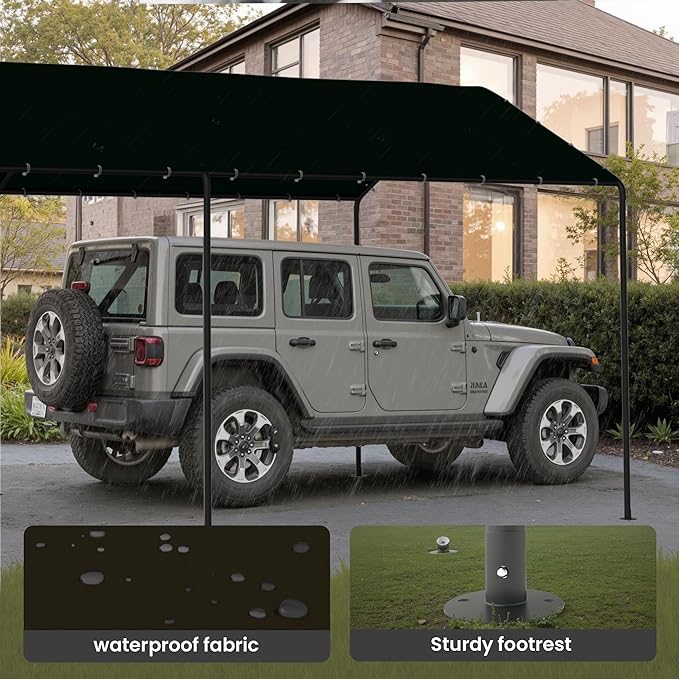 Carport, 10‘ x 20’ Heavy Duty Portable Garage All-Season Car Canopy, Outdoor Garage Boat Shelter Carport Canopy Party Tent w/Water-Resistant Tarp for Backyard (Black, 10' x 20' /no Side)