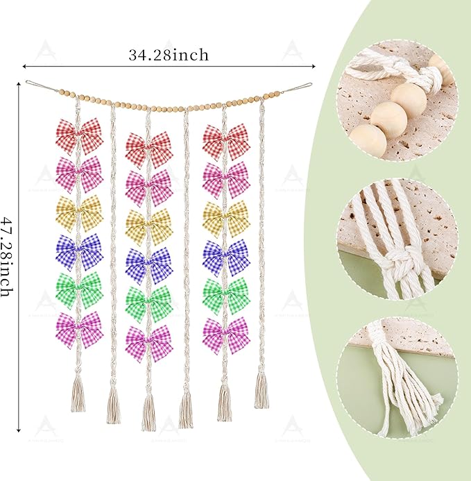Hair Bow Holder Organizer for Wall Hanging Storage Macrame Boho Decor Handmade Headband With Wood Beads