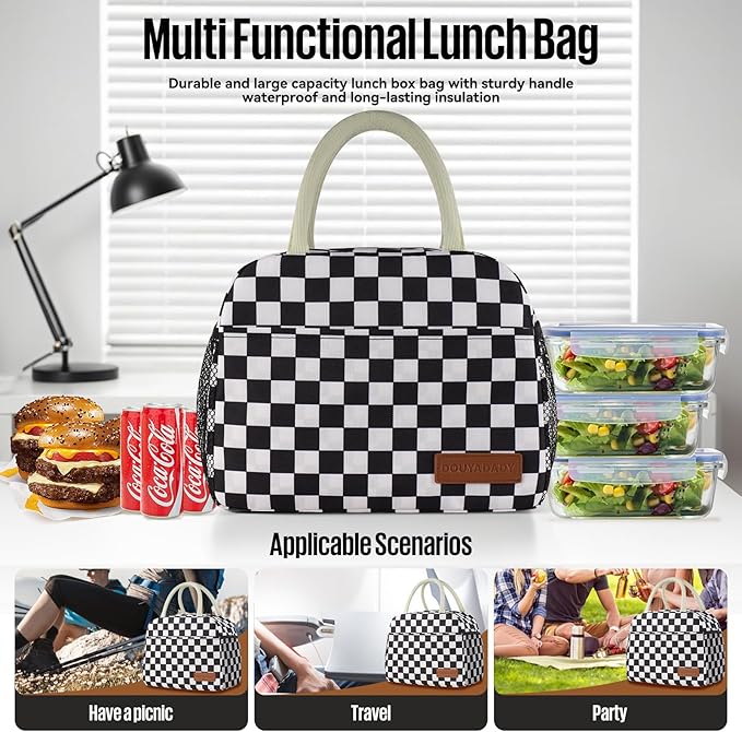 Lunch Bag Women/Men Lunch Box Women/Men (Black+White Checkerboard)