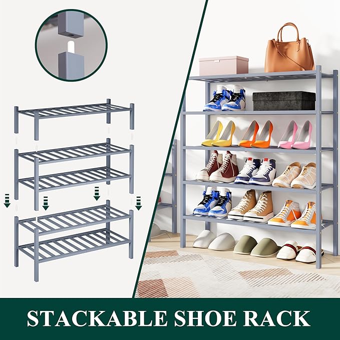 Smiry Shoe Rack, 2 Tier Bamboo Shoe Organizer, Stackable Free Standing Wooden Shoe Storage Shelf for Closet, Entryway, Front Door Entrance, Grey