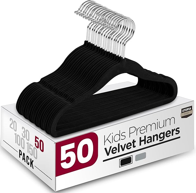 Utopia Home Kids Hangers Velvet (60 Pack) - 11 Inch Durable Baby Hangers for Closet - Perfect Toddler Hangers Non Slip for Everyday Use (Black)
