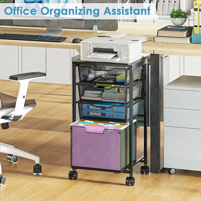 4 Drawers Rolling File Cart, Under Desk Mobile Filing Cabinet with Wheels, File Cabinets for Home Office, Hanging File Folder Organizer Utility Craft Cart Printer Stand, Black
