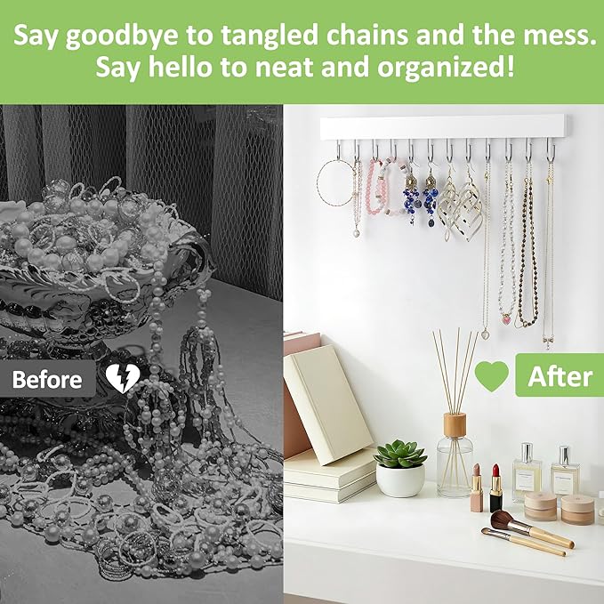 2 Pack Necklace Holder Wall Mounted, Hanging Jewelry Organizer with 24 Hooks Wooden Wall Necklace Hanger for Jewelry Storage, White