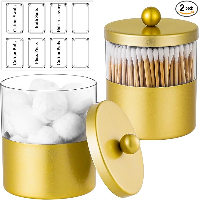 Gaussra Gold Qtip Holder, Apothecary Jars - Stainless Steel Bathroom Jar with Stickers - Farmhouse Decor Qtip Dispenser for Qtips, Cotton Balls, Swabs, Makeup Sponges (2-Pack)