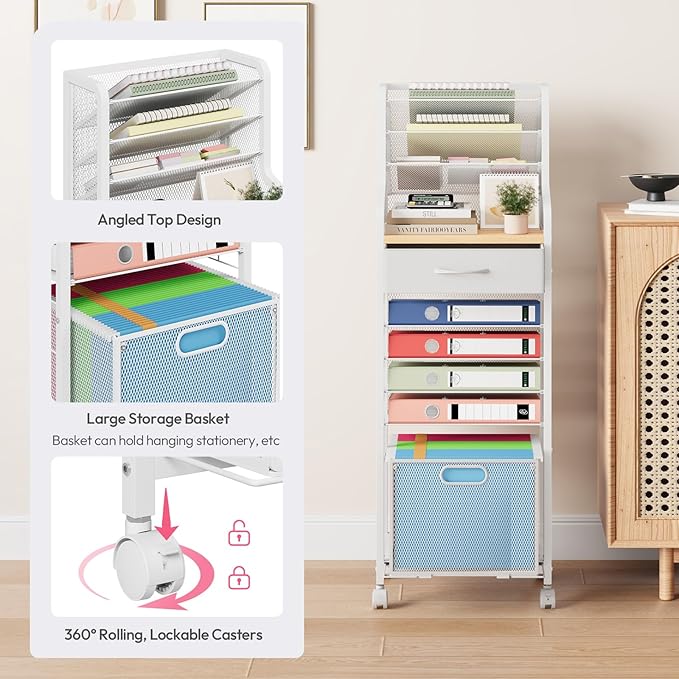 SWTYMIKI 10-Tier Rolling File Cart - Mesh Paper Organizer with Drawer and Hanging File Folders on Lockable Wheels, Rolling File Cabinet for Office Organization, Storage in Home, Studio, School, White