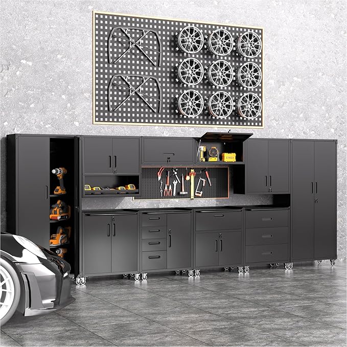 Garage Storage Cabinets System 8 PCS Workshop Set with Drawers Locking Heavy Duty Rolling Cart with Adjustable Shelves Garage Tool Workbench Cabinets (8 PCS, Black)