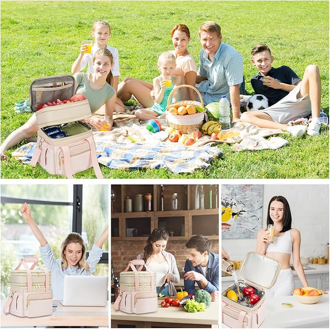 Insulated Lunch Bag & Lunch Box for Women - Double Deck Reusable Lunch Bag for men Tote Cooler Bag Leakproof Soft Expandable - Large Lunchbox for Work/Adult/Picnic/Outdoor (Pink，15L)