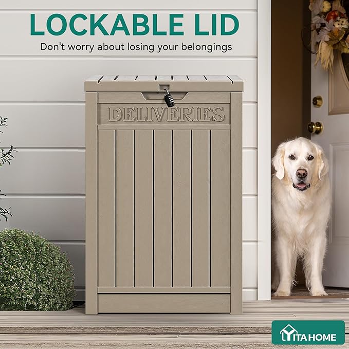 YITAHOME Outdoor Package Delivery Storage Box 51 Gallon, Secure Lockable Resin Package Delivery Container, Deck Box for Porch & Curbside, Brown