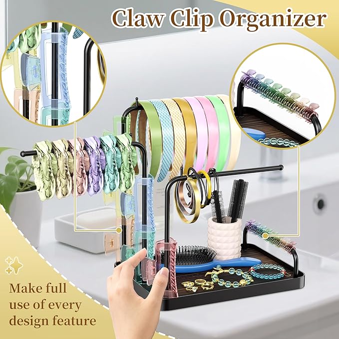 Headband Organizer, Adjustable Angle Hair Tie Holder, Metal Claw Clip Organizer, Hair Hoop Display Stand, Hair Ropes Bow Accessories Storage for Scrunchie Bracelet Bangles Necklace (Black)