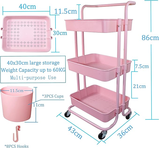3 Tier Utility Rolling Cart Multifunction Organizer Shelf Storage Cart with 3 Pieces Cups and 8 Pieces Hooks for Home Kitchen Bathroom Laundry Room Office Store etc. (Pink)