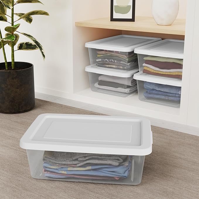 Sterilite 48 Pack Storage Box, 12 Quart Stackable Tote, Clear Plastic Container with Secure Snapping Lids for Home and Office Organization, White