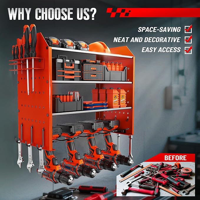 Wall Organizer for Power Tool Storage, Garage Tool Organizer with 4 Holders for Cordless Tools.With Hooks tool Hangers for Garage Wall.Red
