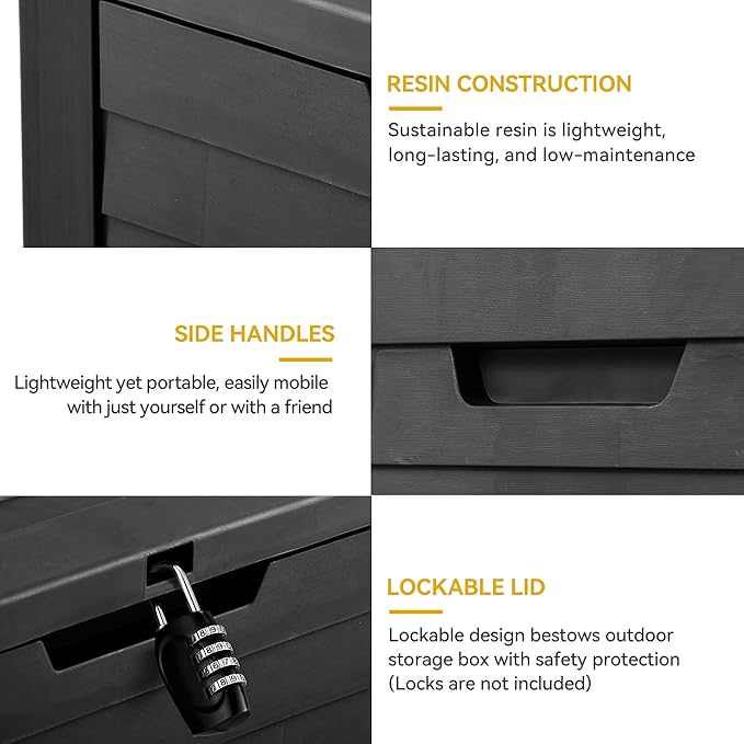 DWVO Louvered Large Deck Box, 35 Gallon Resin Outdoor Storage Box for Patio Furniture, Garden Tools and Pool Supplies, Lockable Lid and Side Handles, Waterproof and UV Resistant, Black