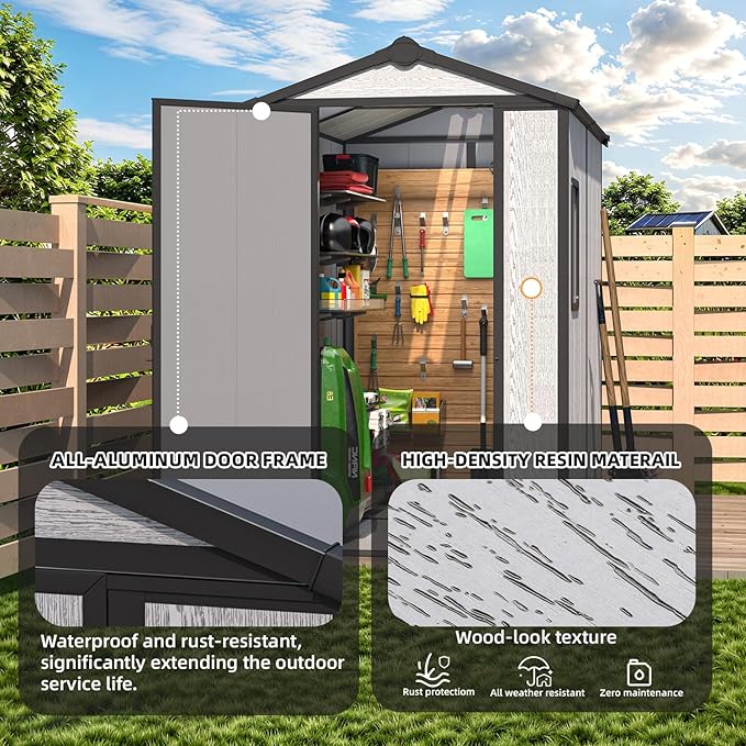 MELLCOM 4 x 6 FT Resin Outdoor Storage Shed with Floor, Resin Outdoor Storage Tool Shed with Windows and Lockable Door, Garden Shed for Lawnmower, Bike, Pool Supply