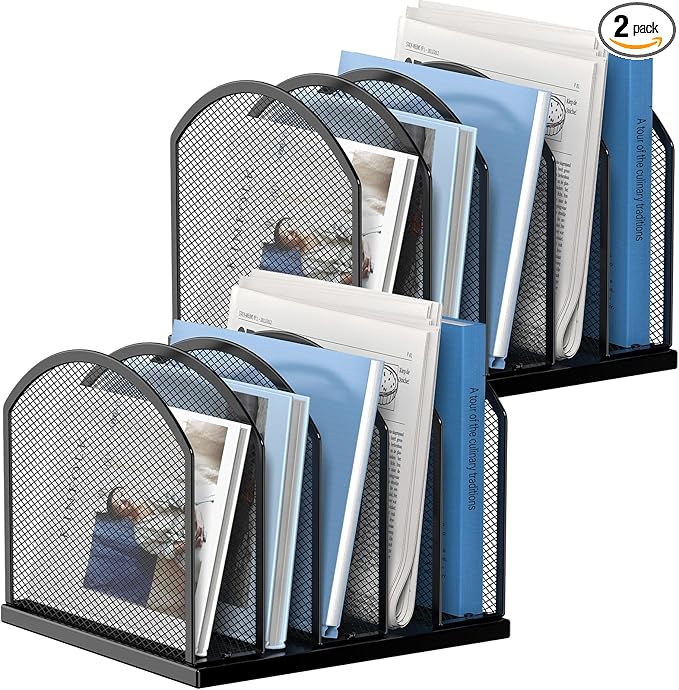 5-Section Vertical Desktop Organizer, 5-Section Mesh File Folder Stand Sorter for Office Home Classroom Organization (2, Black)
