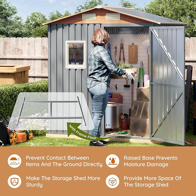 6x4FT Multi-Used Shed & Outdoor Storage,Steel Tool Shed with Frame Floor,Lockable Doors,Window,Vent,Compact Metal Tool Garden Shed for Garden, Backyard, Patio, Lawn and Various Storage(Matte Gray)