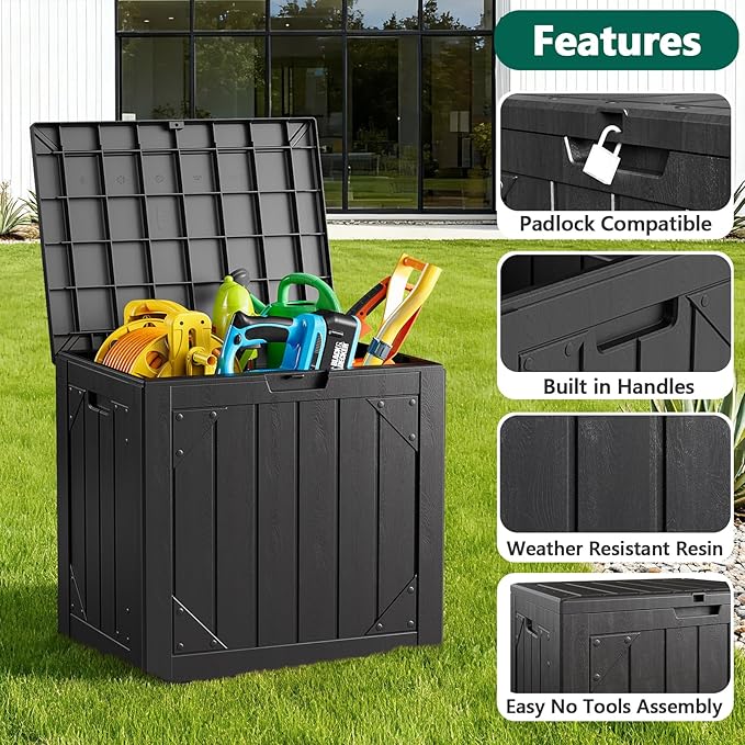 30 Gallon Deck Box Outdoor Storage Bench Outside Waterproof Resin Storage Bench, Lockable Patio Cushions,Garden Tools Storage For Furniture,UV Resistant (Plastic Black) (Plastic Black, 30 Gallon)