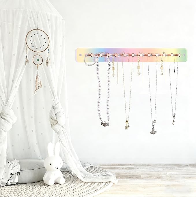 2 Sets Iridescent wall necklace holder Acrylic hanging jewelry organizer Wall mounted with Adhesive stickers and Screws for Girl Women Necklaces Bracelets Rings and Jewelry Storage Display