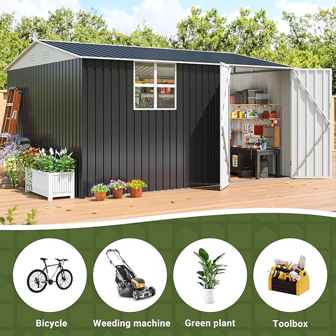 Polar Aurora 10X12 FT Metal Outdoor Storage Shed with Window, Heavy-Duty Galvanized Steel Garden Shed with Lockable Doors and 4 Vents, Large Weatherproof Tool Shed for Backyard Patio Outside, Black