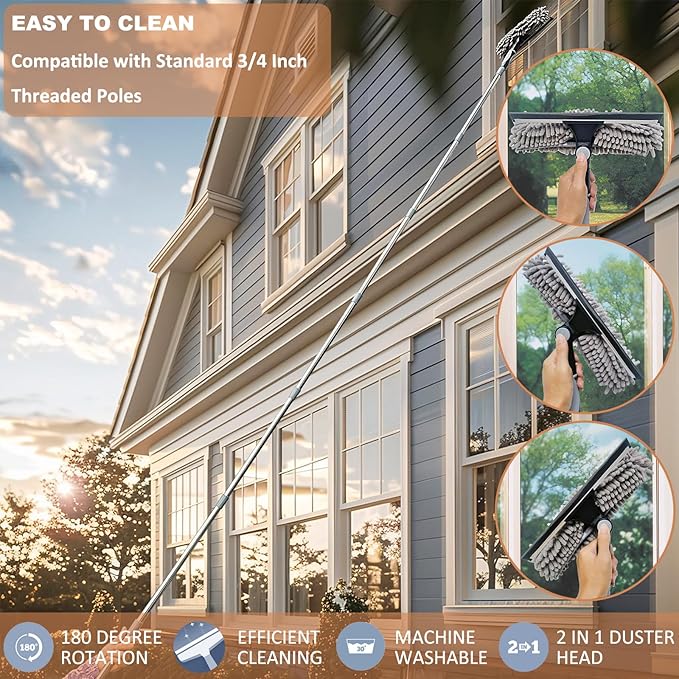 2 in 1 Window Washing Squeegee & Duster Window Cleaning Tool with 2 Pad Compatible with Standard 3/4 Inch Threaded Poles for Home Indoor Outdoor Window Washing//Duster Head Only (Gray)