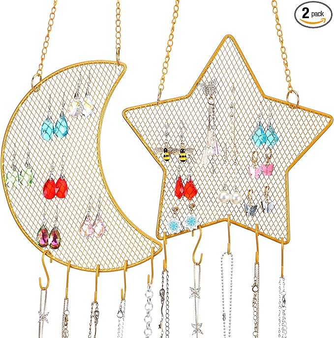 Jetec 2 Pcs Earring Wall Holder Wall Mounted Organizer Hanging Stand Decorative Diamond Grid Shape Jewelry Display Rack with Hanging Hooks for Earrings Necklace Bracelet(Gold)