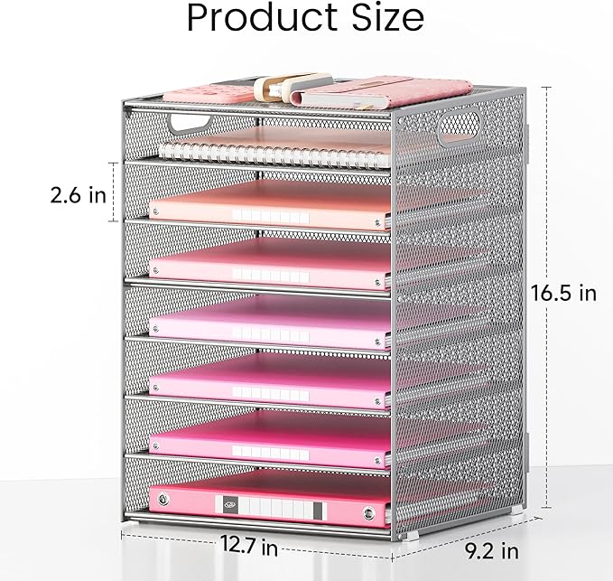 Lavatino 8-Tier Office Desk File Organizer, Letter Tray Paper Organizer with Handle, Including 5 Adjustable Slide Trays for Organizing Desktop Workspace Accessories and Supplies (Silver Metal Mesh)
