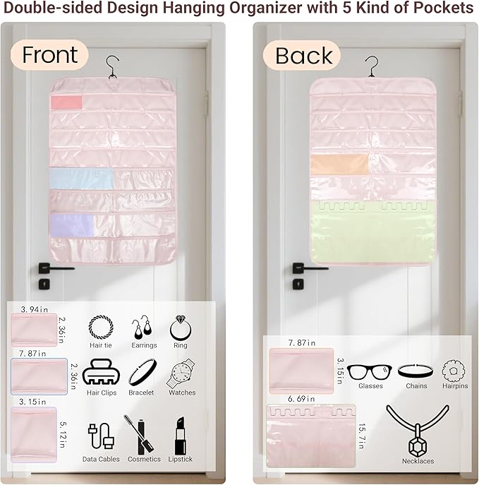 Upgraded 2-sided Hanging Jewelry Organizer Storage Pocket with 5 Sizes Compartments & 1 Anti-tangle Holder Hook for Necklace,Dustproof Display Pouches for Earring,Chain,Bracelet,Watches,Glasses,1 Pack